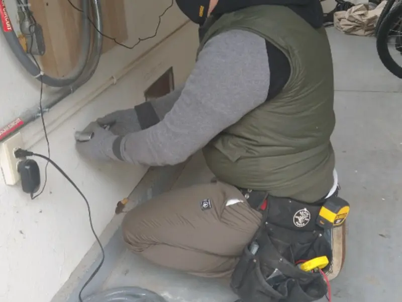 Electrician performing outlet wiring in a Kearns garage